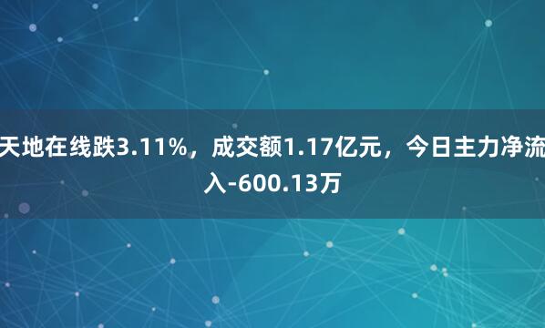 天地在线跌3.11%，成交额1.17亿元，今日主力净流入-600.13万
