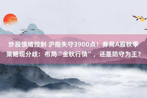 炒股情绪控制 沪指失守3900点！券商A股秋季策略现分歧：布局“金秋行情”，还是防守为王？